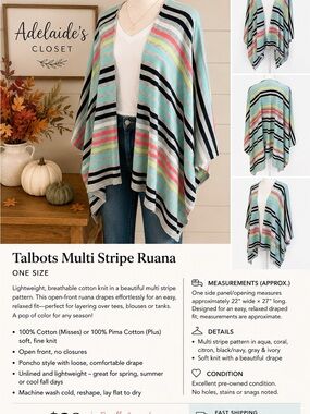 Talbots Multi Stripe Ruana One Size Cotton Open Front Poncho Wrap